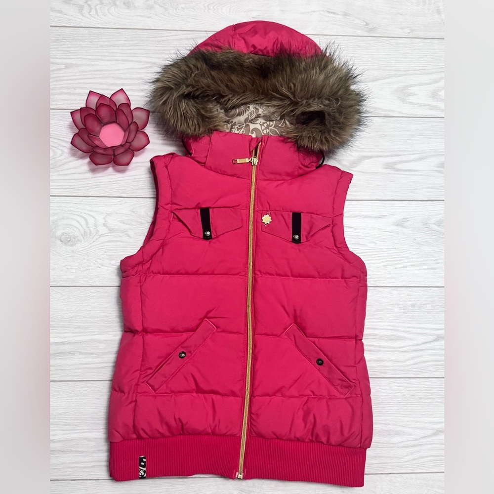 Bonfire Pink Puffer Vest with removable Faux Fur Hood.